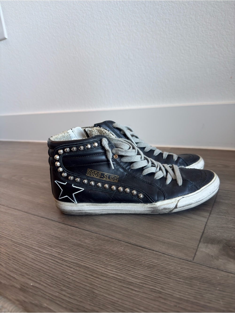 Customized Gold Goose Slides 37 Black High-Top Sneakers with Stud Detail